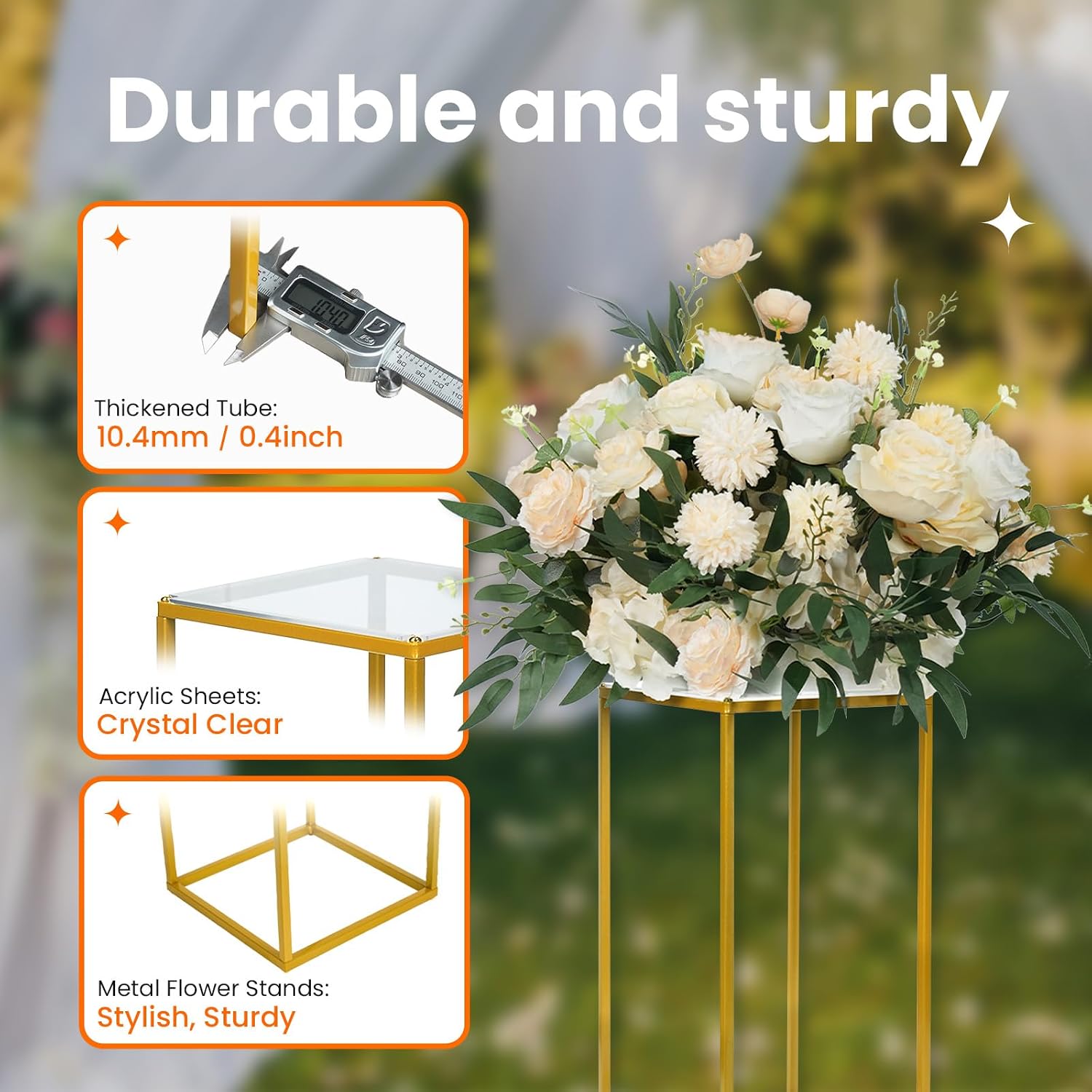 YALLOVE 10 Pcs 15.75" Gold Wedding Flower Stand Metal Vase Column Stand Geometric Centerpiece Vase for Home Party Wedding Decorations, Rectangular Flower Display Rack