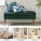 45.5" Luxury Velvet Storage Ottoman Bench with Button Tufted & Nailhead Trim, Upholstered Entryway Benches with Gold Legs, Multi-Functional Footstool for Bedroom End of Bed, Green