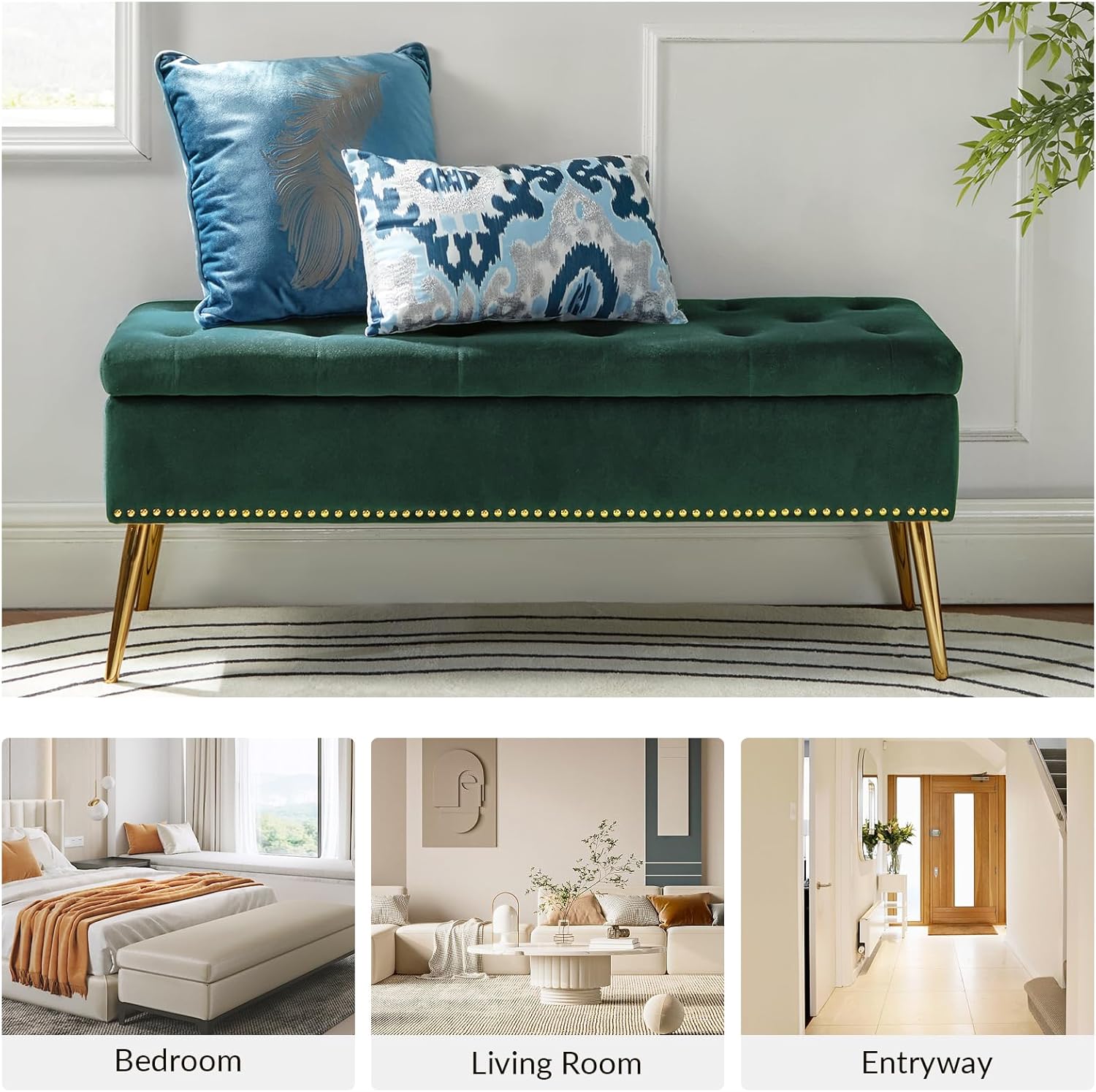 45.5" Luxury Velvet Storage Ottoman Bench with Button Tufted & Nailhead Trim, Upholstered Entryway Benches with Gold Legs, Multi-Functional Footstool for Bedroom End of Bed, Green