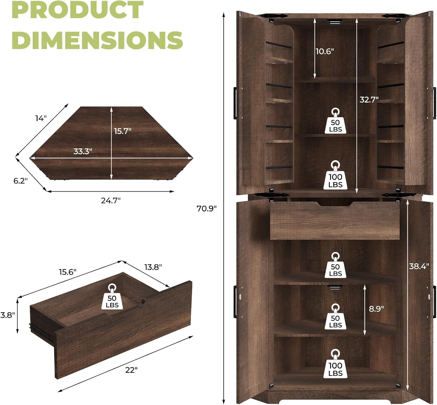 Dripex 71" Brown Farmhouse Corner Pantry Cabinet with LED Light, Tall Storage Cabinet with Doors & Adjustable Shelves, Food Pantry for Kitchen, Living Room, Dining Room