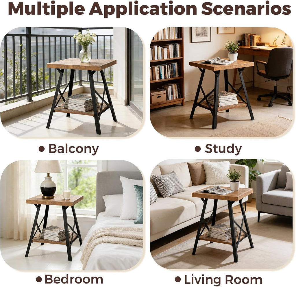 Solid Wood End Table, 2 Tier Square Side Table with Storage Shelf, Solid Pine Top, Sturdy Metal Legs Nightstand for Small Spaces, Living Room, Bedroom, 20 x 20 x 24.8 in, Rustic Brown