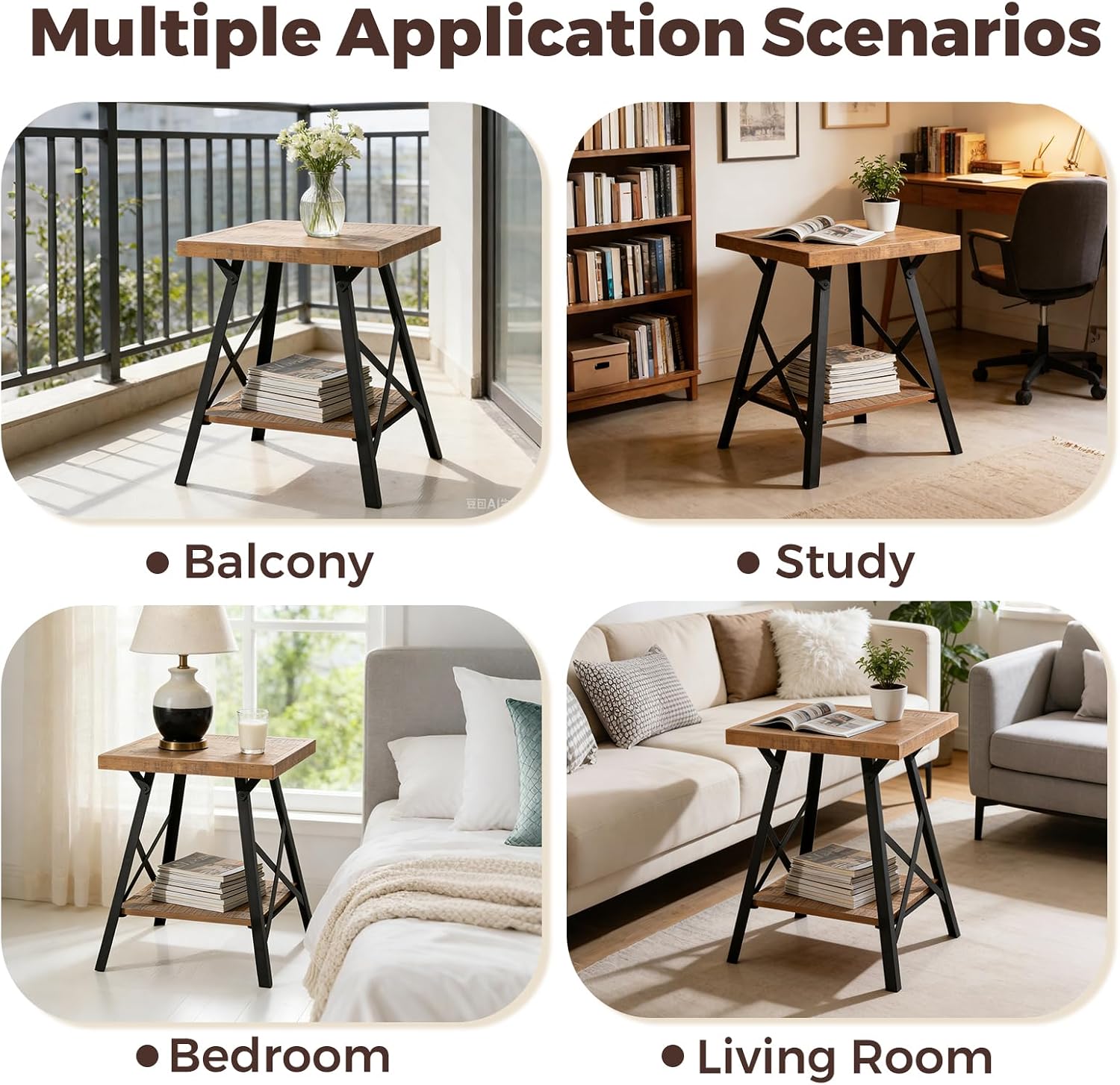 Solid Wood End Table, 2 Tier Square Side Table with Storage Shelf, Solid Pine Top, Sturdy Metal Legs Nightstand for Small Spaces, Living Room, Bedroom, 20 x 20 x 24.8 in, Rustic Brown