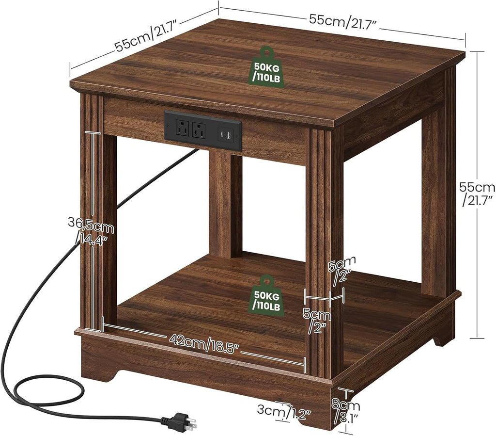 CHOEZON Farmhouse End Table with Charging Station, 2-Tier Large Side Table, Square Side Table, Nightstand, Fridge Stand, for Living Room, Bedroom, Kitchen, Walnut MBZ15UHT