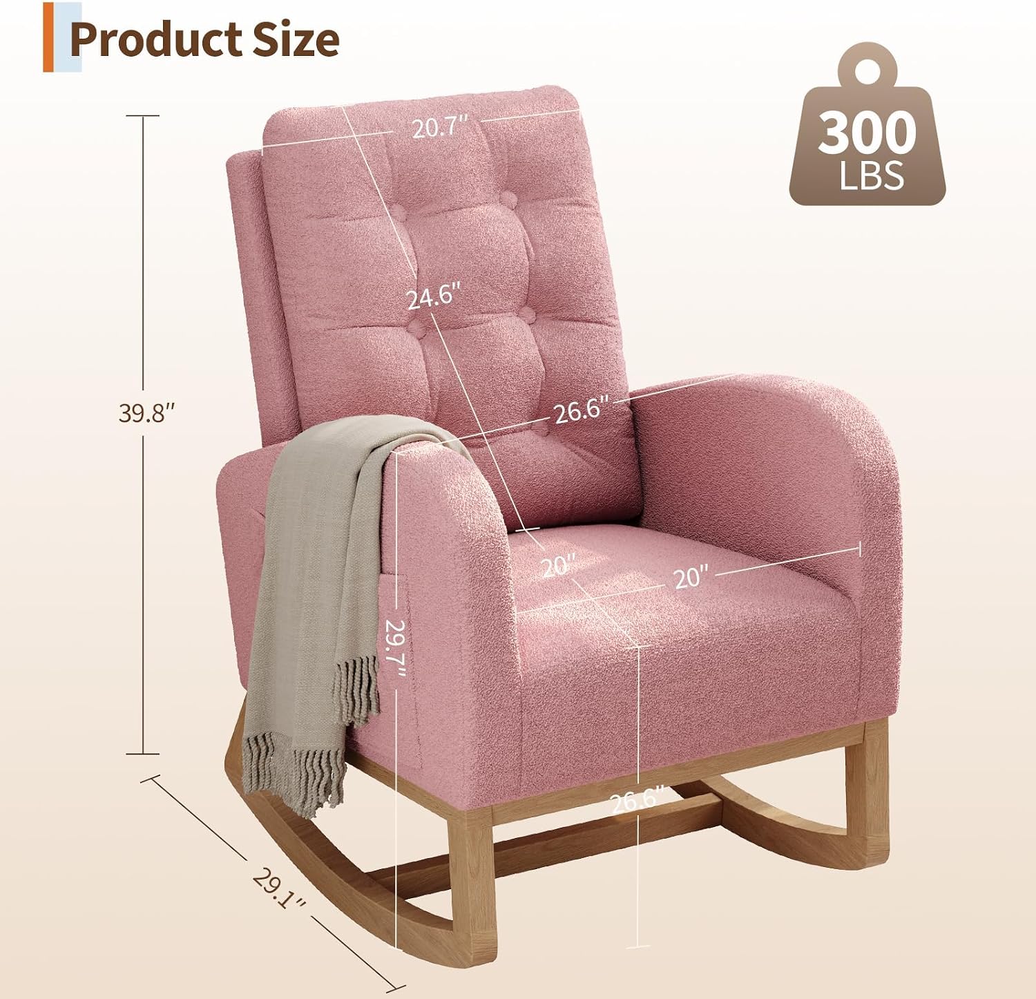Modern Nursery Rocking Chair – High Backrest, Sturdy Wooden Legs, Soft Pink Lambswool Upholstery, Ergonomic Glider with Side Pocket, Cozy Accent Chair, Pink Lambswool Without Footrests