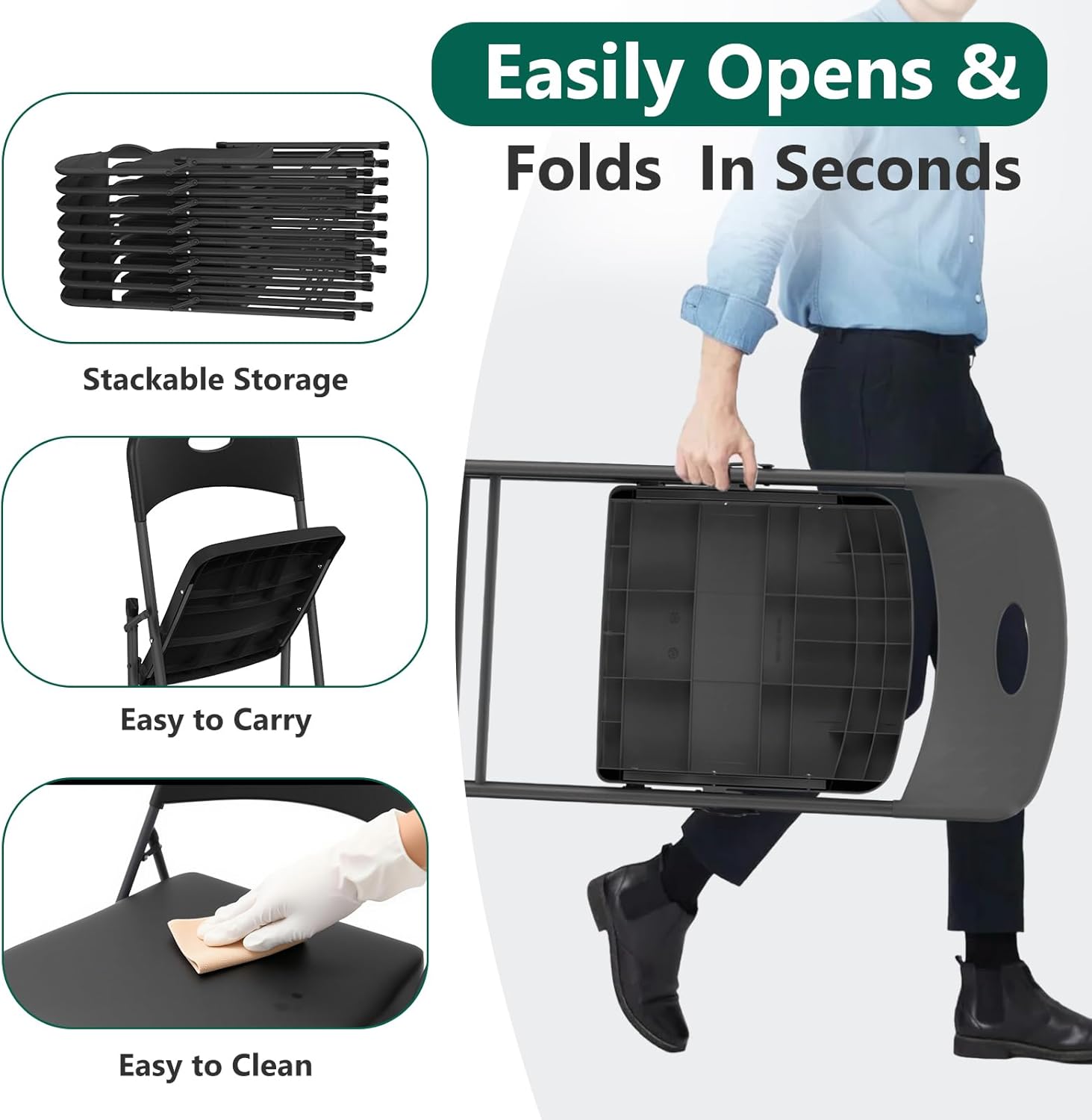2 Pack Black Folding Chair, Plastic Portable Stackable Commercial Seats with Steel Frame 350lb, Heavy Duty Foldable Chair for Indoor and Outdoor, Patio, Office, Picnic, Kitchen, Events