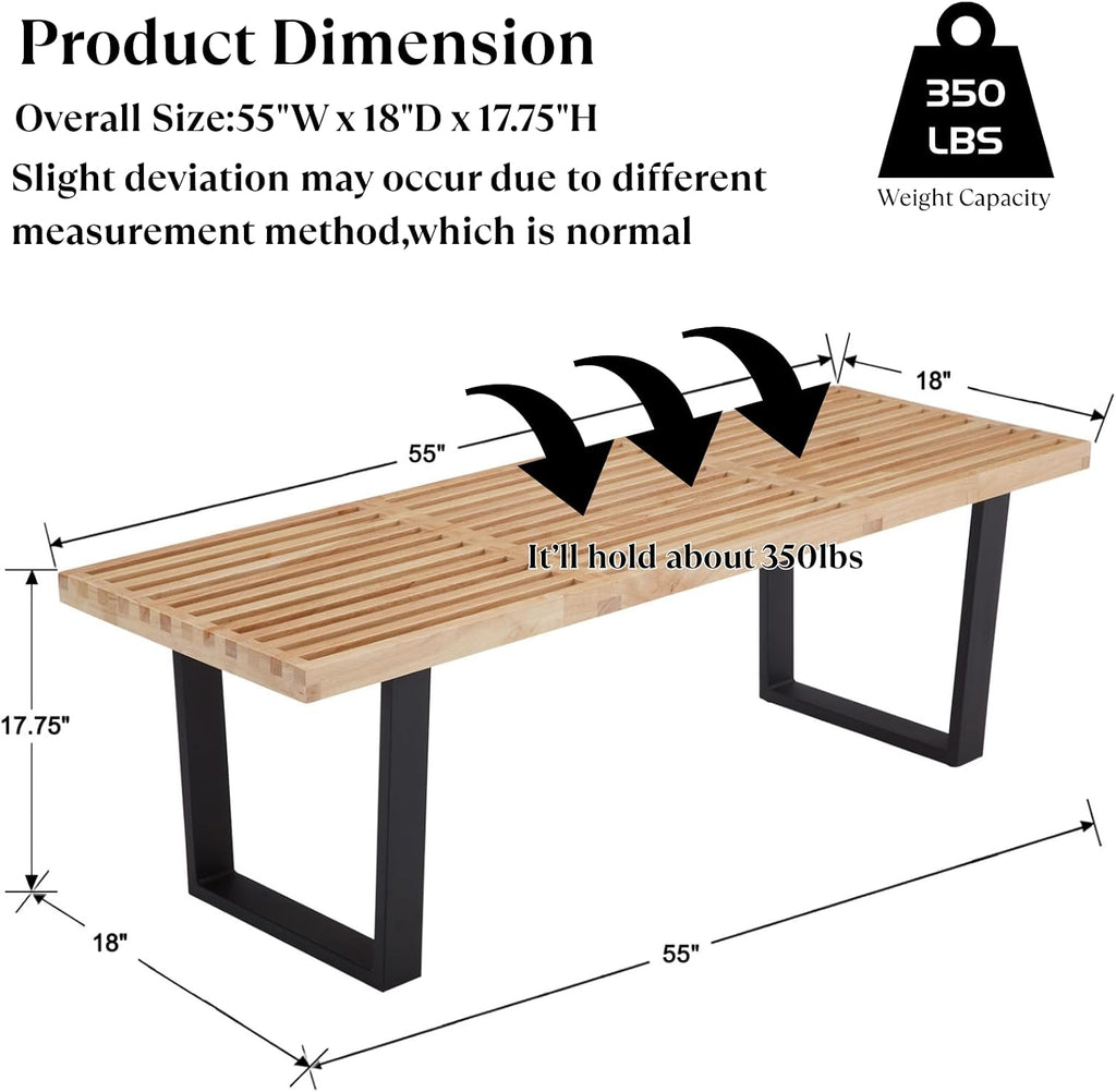 Wooden Dining Bench 55”Industrial Entryway Bench, Modern End of Bed Bench for Bedroom/Hallway, Natural Solid Wood Bench with W/Metal Legs for Dining Room/Living Room, Kitchen