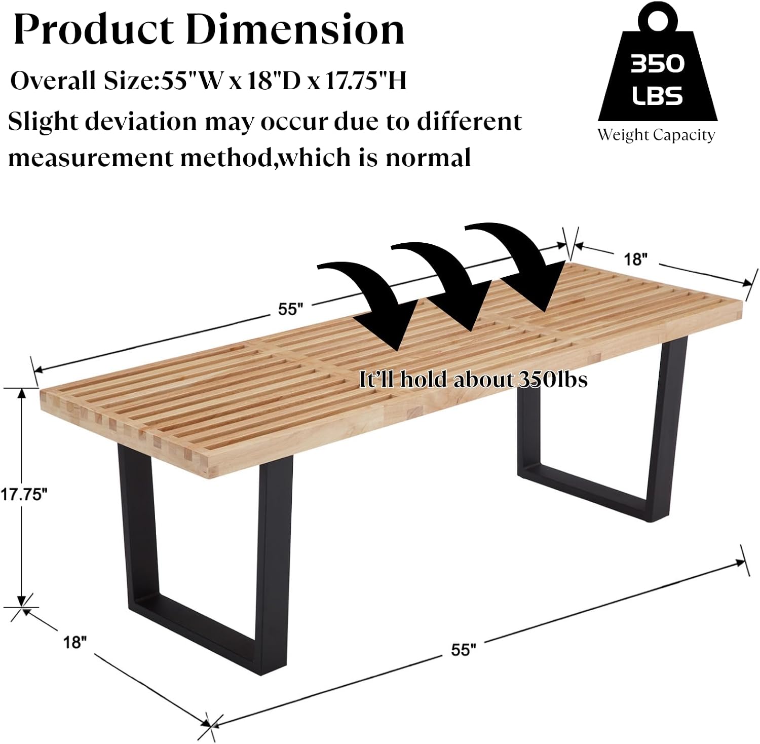 Wooden Dining Bench 55”Industrial Entryway Bench, Modern End of Bed Bench for Bedroom/Hallway, Natural Solid Wood Bench with W/Metal Legs for Dining Room/Living Room, Kitchen