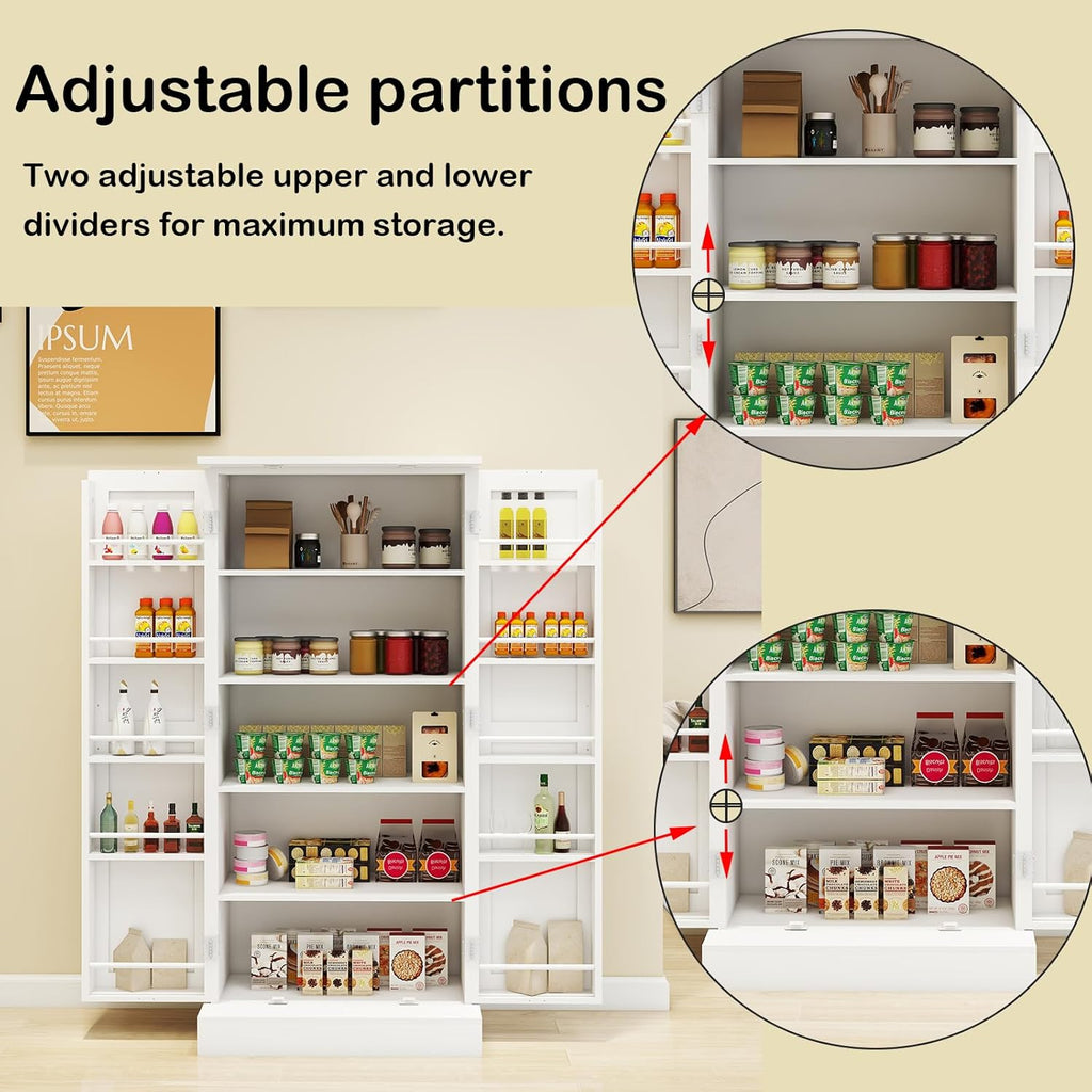 50" LED Kitchen Pantry Storage Cabinet Food Cabinet Freestanding Buffet Cupboards Sideboard with 2 Doors with Racks and Shelves for Small Space in Kitchen, Living Room and Dinning Room