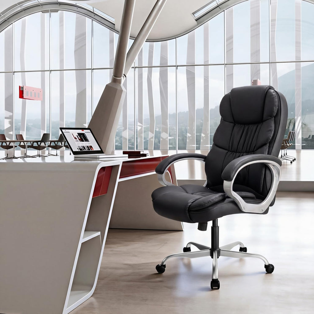 GUNJI Office Chair PU Leather High Back Executive Chair Ergonomic Computer Chair, Modern Adjustable Home Desk Chair Swivel Managerial Chair with Padded Armrests and Lumbar Support (Black)