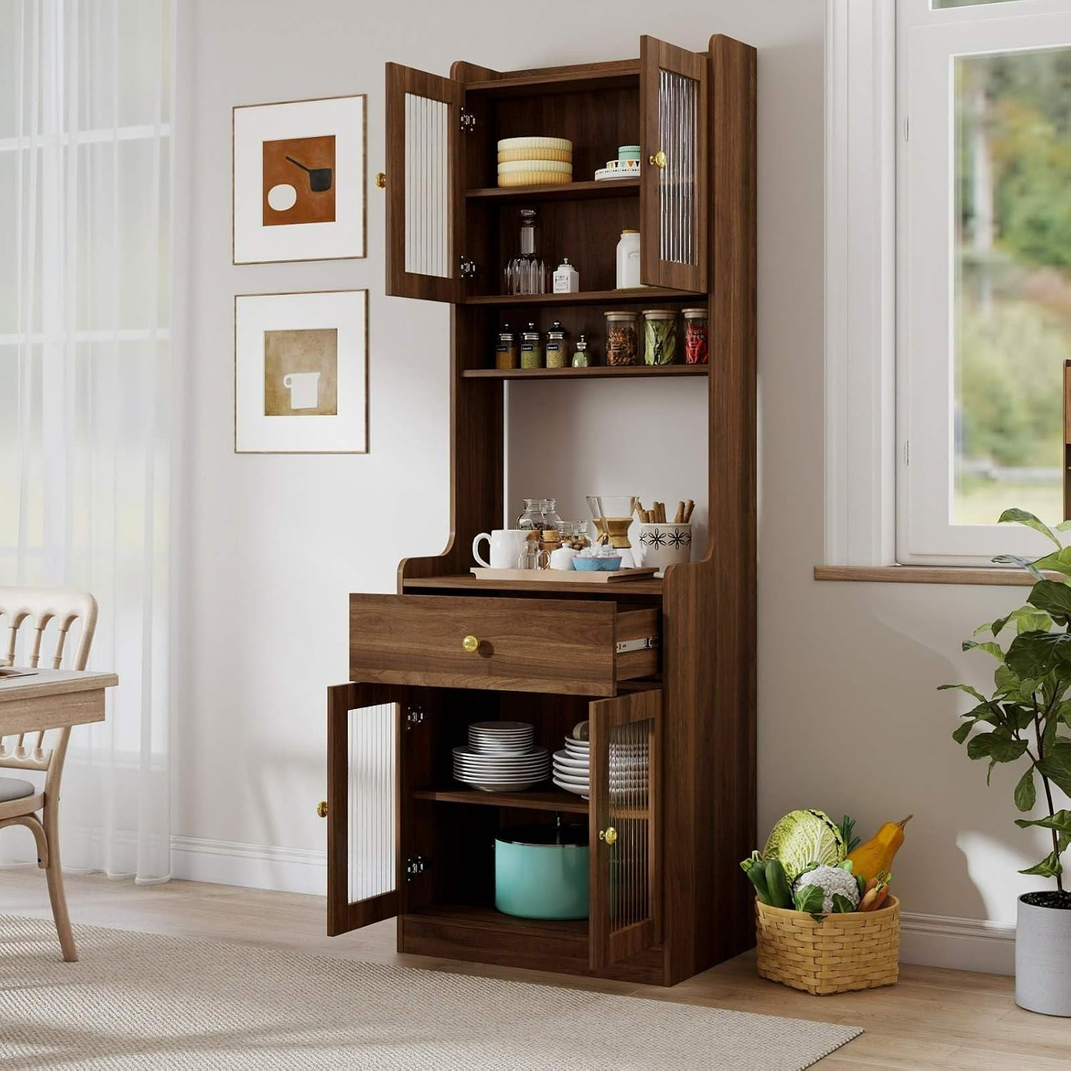 Kitchen Pantry Cabinet with Hutch, Walnut Farmhouse Storage Buffet Sideboard, Coffee Bar Station with Drawer & Glass Doors for Dining Room, Kitchen, Living Room, 70.87" Tall