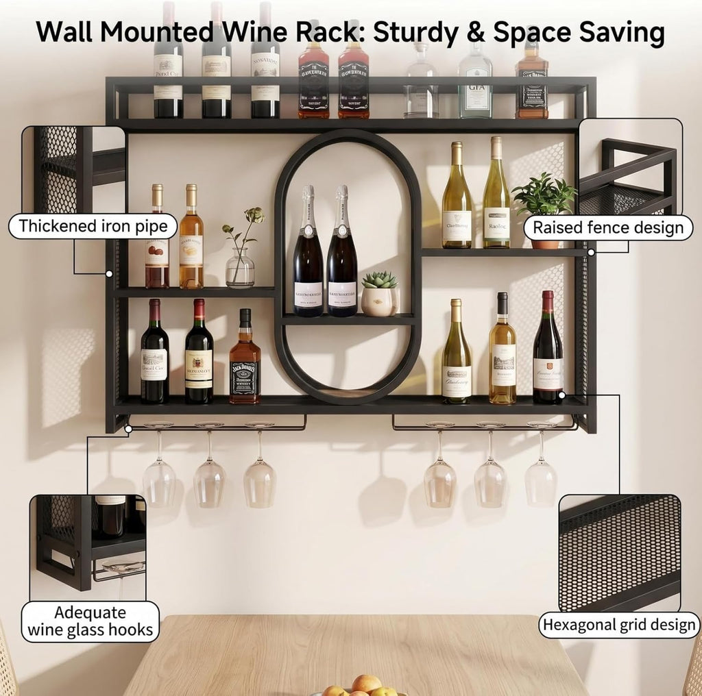 47" Upgrade Metal Wall Mounted Wine Rack, 3 Tier Bar Shelves with Glass Holder, Large Capacity Modern Liquor Shelves for Home Bar, Dining Room & Kitchen, Gold