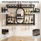 47" Upgrade Metal Wall Mounted Wine Rack, 3 Tier Bar Shelves with Glass Holder, Large Capacity Modern Liquor Shelves for Home Bar, Dining Room & Kitchen, Gold