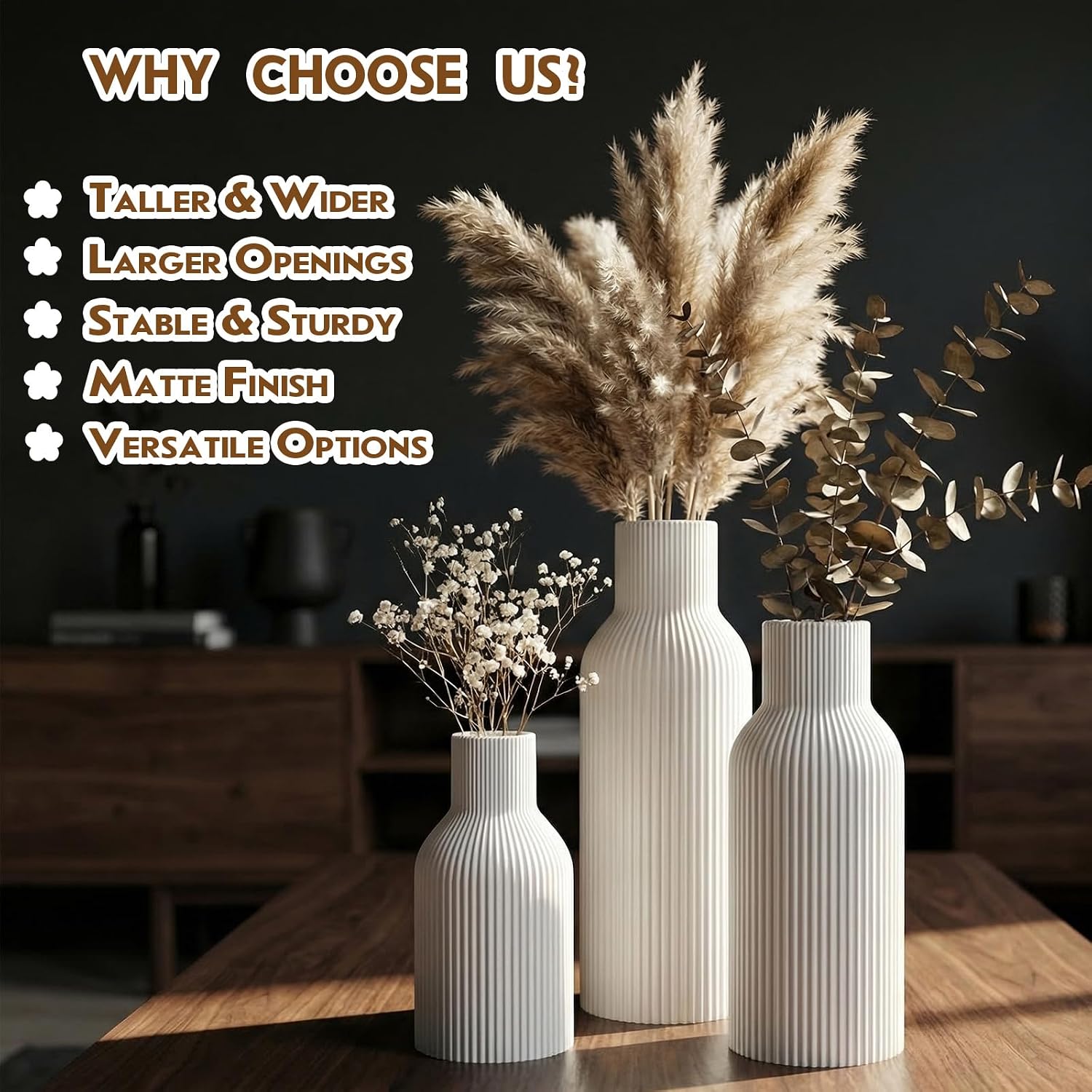 White Ceramic Flower Vases Set of 3, Modern Matte Vertical Ribbed, Nordic Minimalist Decor for Pampas, Dried & Fresh Flowers, Centerpiece for Living Room, Shelf, Entryway, Wedding,Office