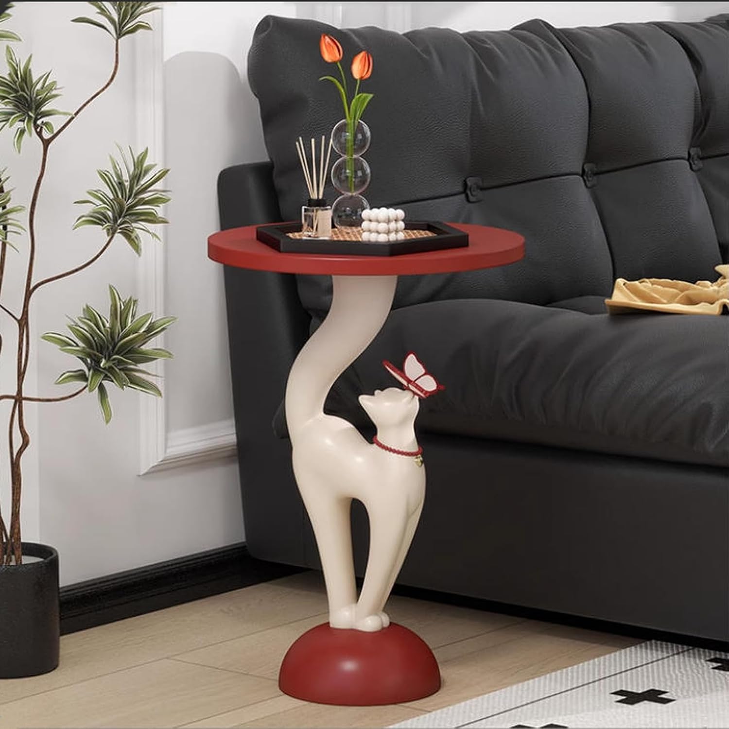Creative Cat-Shaped Side Table,Floor-Standing Bedside Cabinet with Open Shelf,Resin Coffee Tables for Living Room,Bedroom,Balcony,Office,Hallway Home Decor Gift(35 * 35 * 50CM, Red and White)