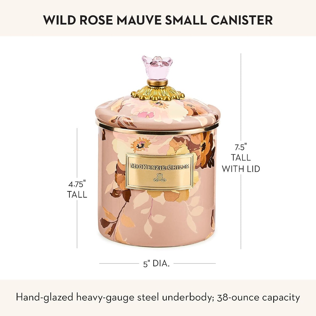 MACKENZIE-CHILDS Enamel Canister, Kitchen Storage Container with Lid, Small, 38-Ounce Capacity, Wild Rose Mauve