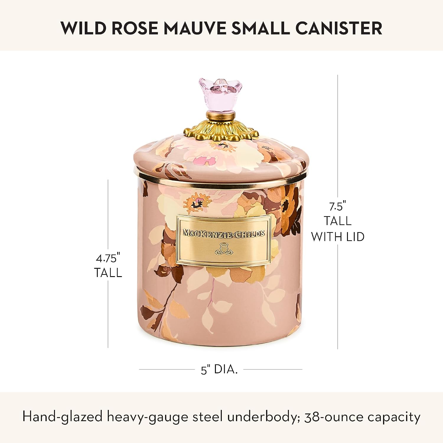 MACKENZIE-CHILDS Enamel Canister, Kitchen Storage Container with Lid, Small, 38-Ounce Capacity, Wild Rose Mauve