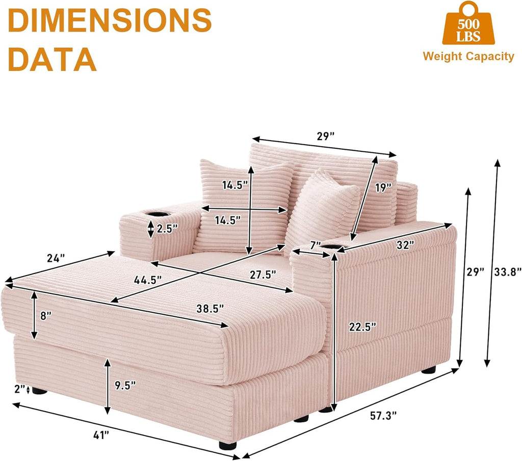 Oversized Chaise Lounge Chair Indoor with Adjustable Backrest, USB, Cup Holder & Ottoman, Firm Solid Wood Frame with Long Service Life Plush Corduroy Oversized Reading Chair for Study Room - Pink