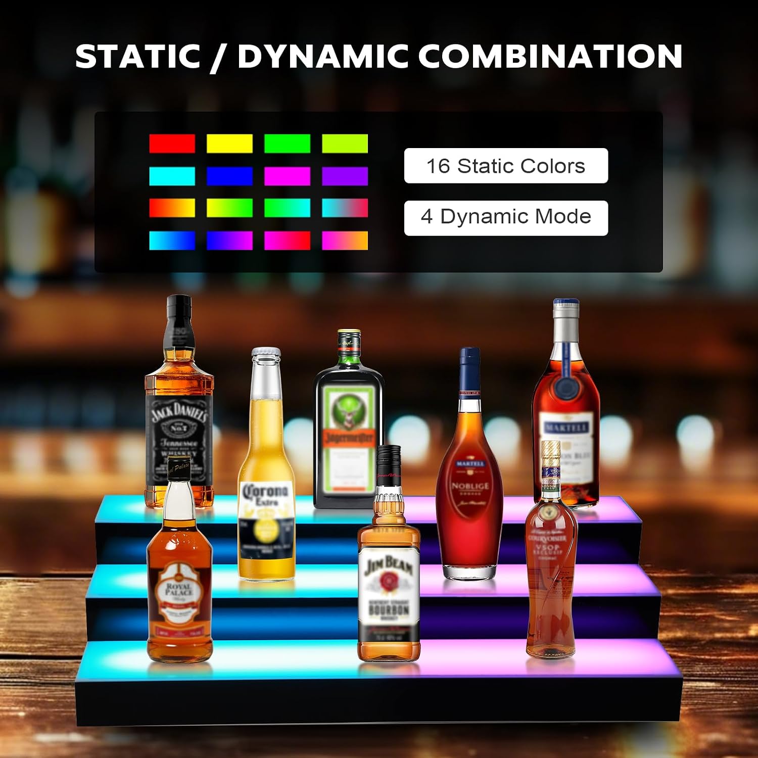 Dollate 3-Tier 24 Inch LED Liquor Bottle Display Shelf, Tabletop Wine Rack, 16 Colors, Adjustable Light for Home Bar, Party, Commercial Use