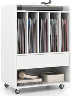 LOKO Record Player Stand On Wheels, Rolling Turntable Stand with 5 Compartments, Drawer & Open Shelf, Vinyl Display Shelf Storage Cabinet for Living Room, Bedroom, Study (White, 21" x 14")