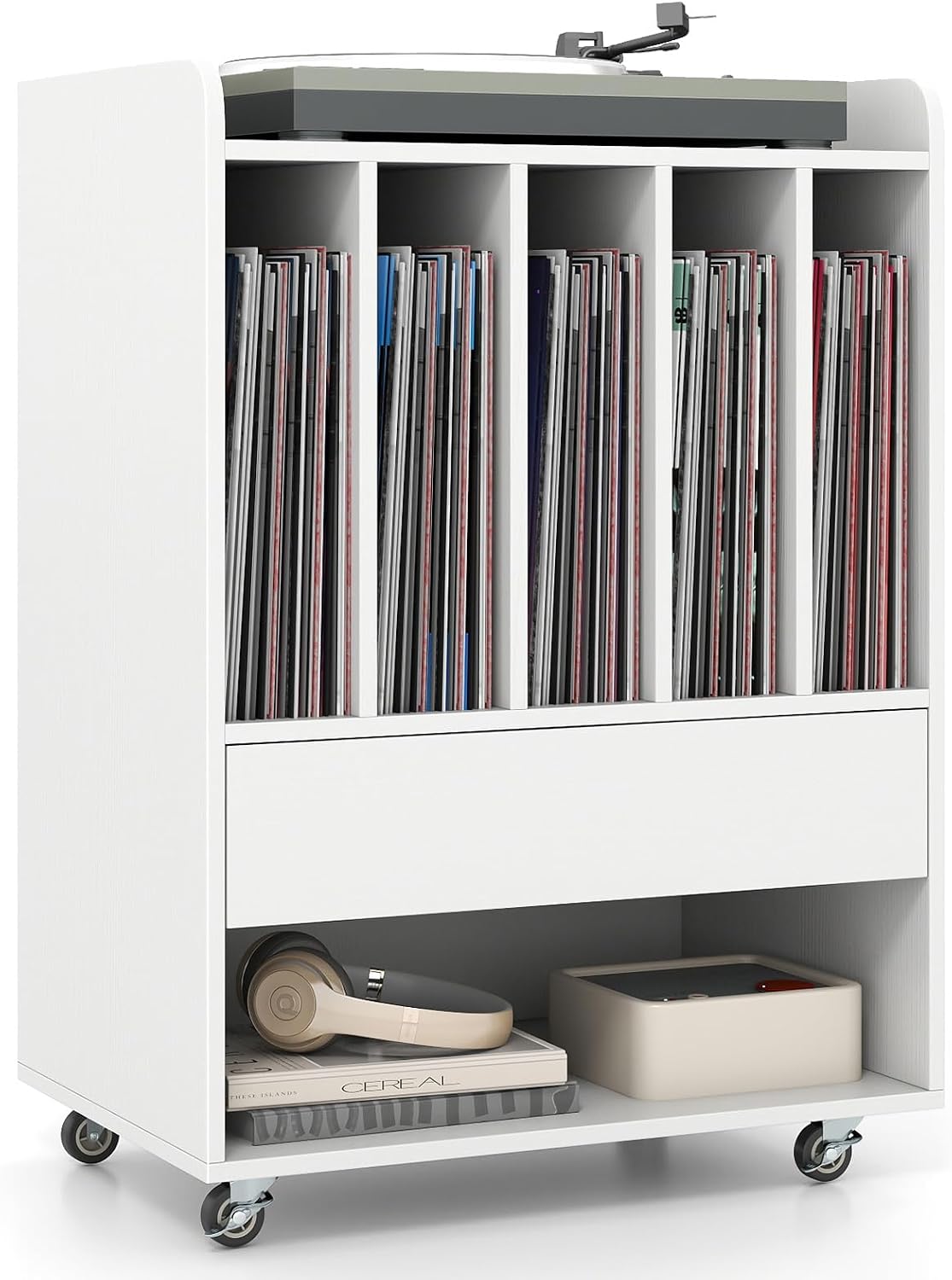 LOKO Record Player Stand On Wheels, Rolling Turntable Stand with 5 Compartments, Drawer & Open Shelf, Vinyl Display Shelf Storage Cabinet for Living Room, Bedroom, Study (White, 21" x 14")