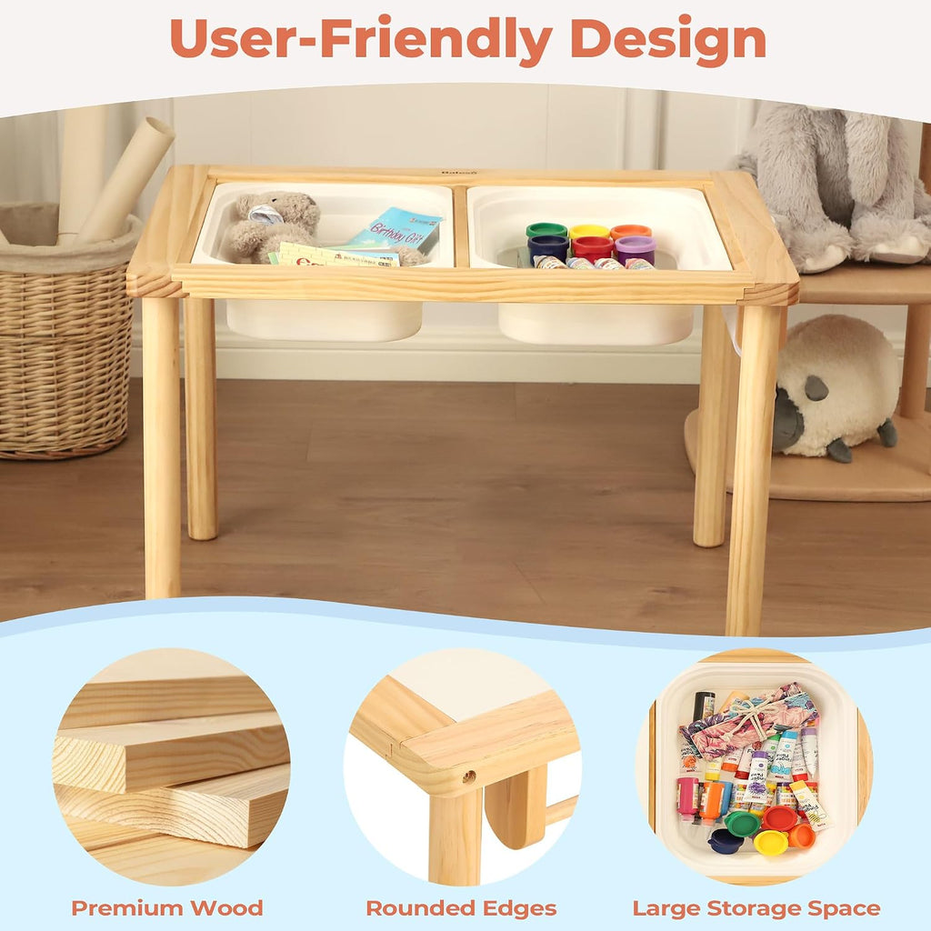 Bateso Sand and Water Table for Toddlers with 2 Storage Bins, Wooden Activity Table with Double-Sided Boards, Sensory Table, Indoor & Outdoor Use