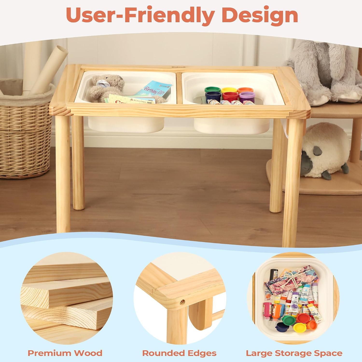 Bateso Sand and Water Table for Toddlers with 2 Storage Bins, Wooden Activity Table with Double-Sided Boards, Sensory Table, Indoor & Outdoor Use