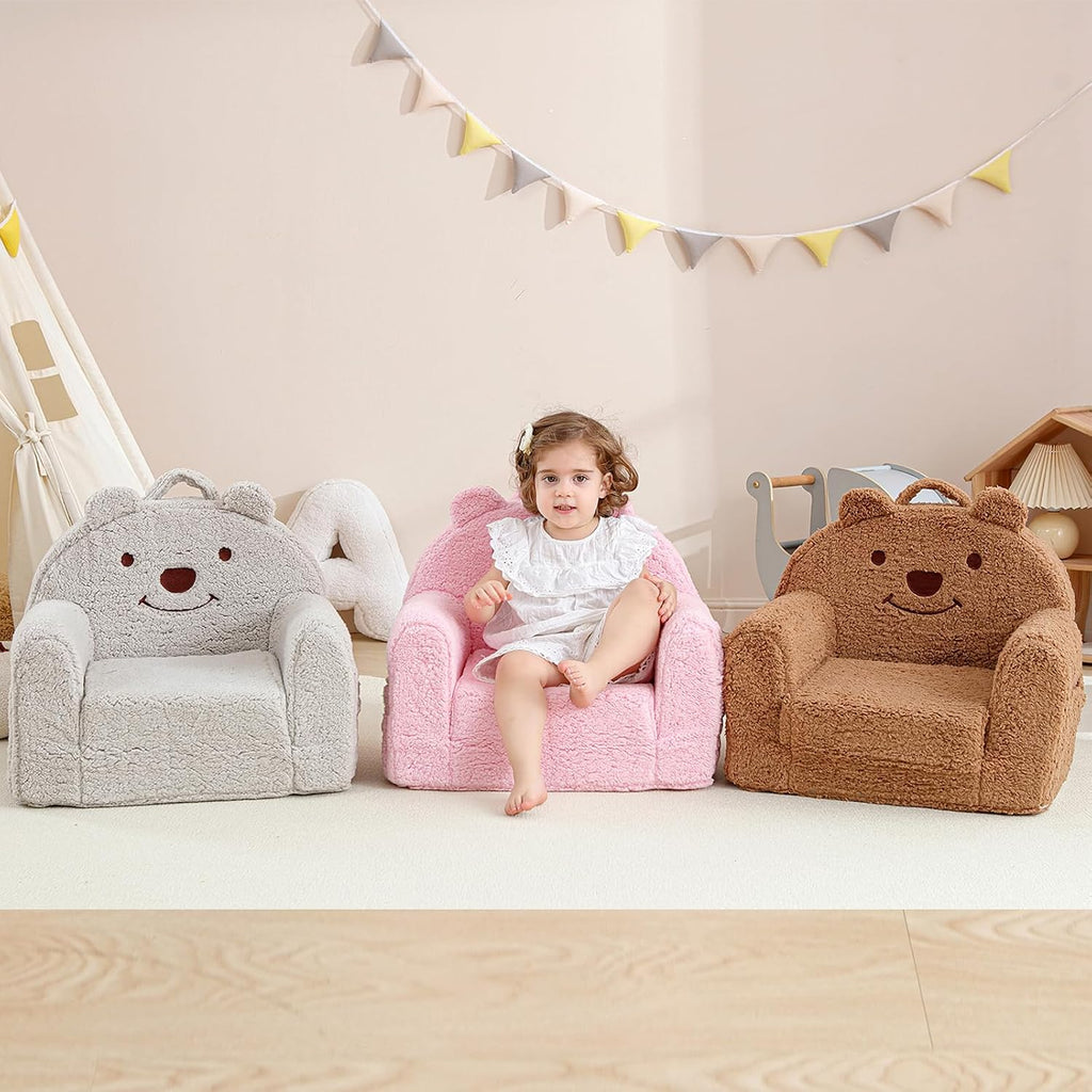 Kids Chair, Sherpa Bear Fold-Out Convertible Kids Couch, Pink | Kids couch flip out lounger, children reading chair, kids sofa with plush foam, removable cover, gift for boys girls