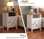 Farmhouse End Table Set of 2, Rustic Vintage End Side Table with Barn Door and Storage Shelf, White Wood Night Satnd for Bedroom, Living Room,White