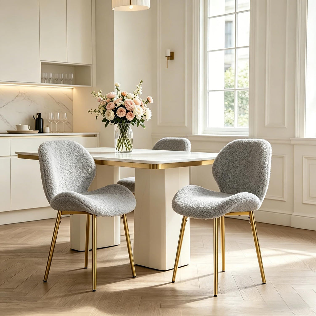 Set of 2 Soft Teddy Velvet Dining Chairs with Shell-Shaped Back, Stable Metal Legs, Easy Assembly | Perfect for Kitchen, Living Room, Restaurant, Cafe (Grey)