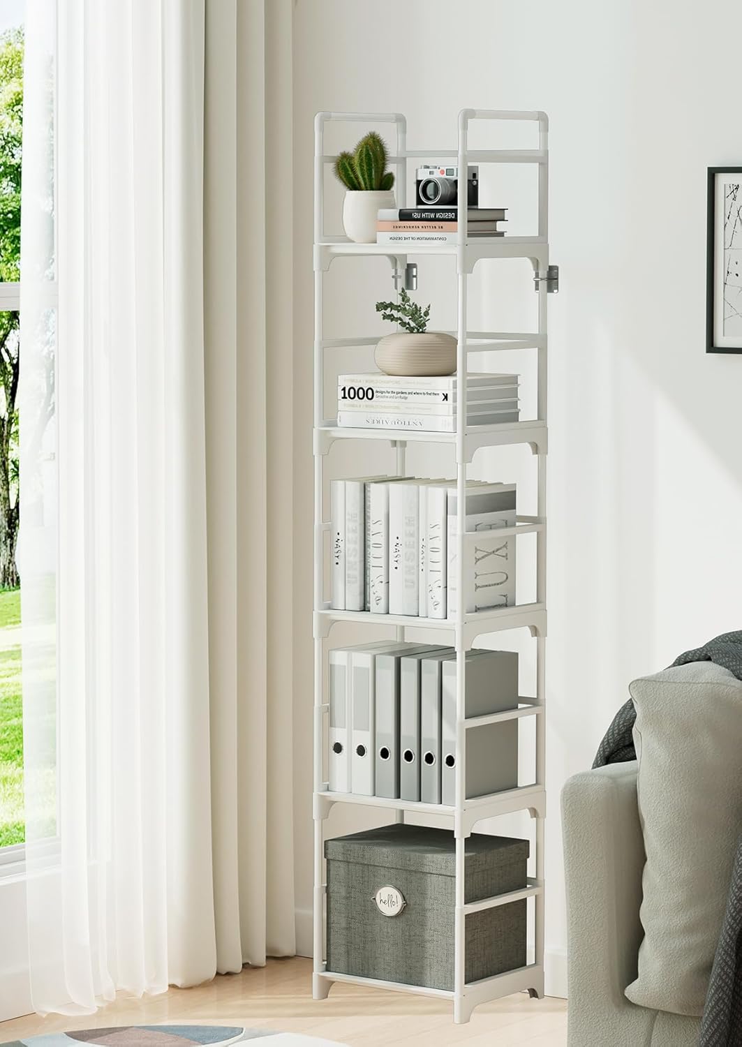 FIDUCIAL HOME 5 Tiers Narrow Bookshelf White Skinny Book Shelf Slim Thin Open Bookcase Small Spaces for Space Saving Easy Assemble