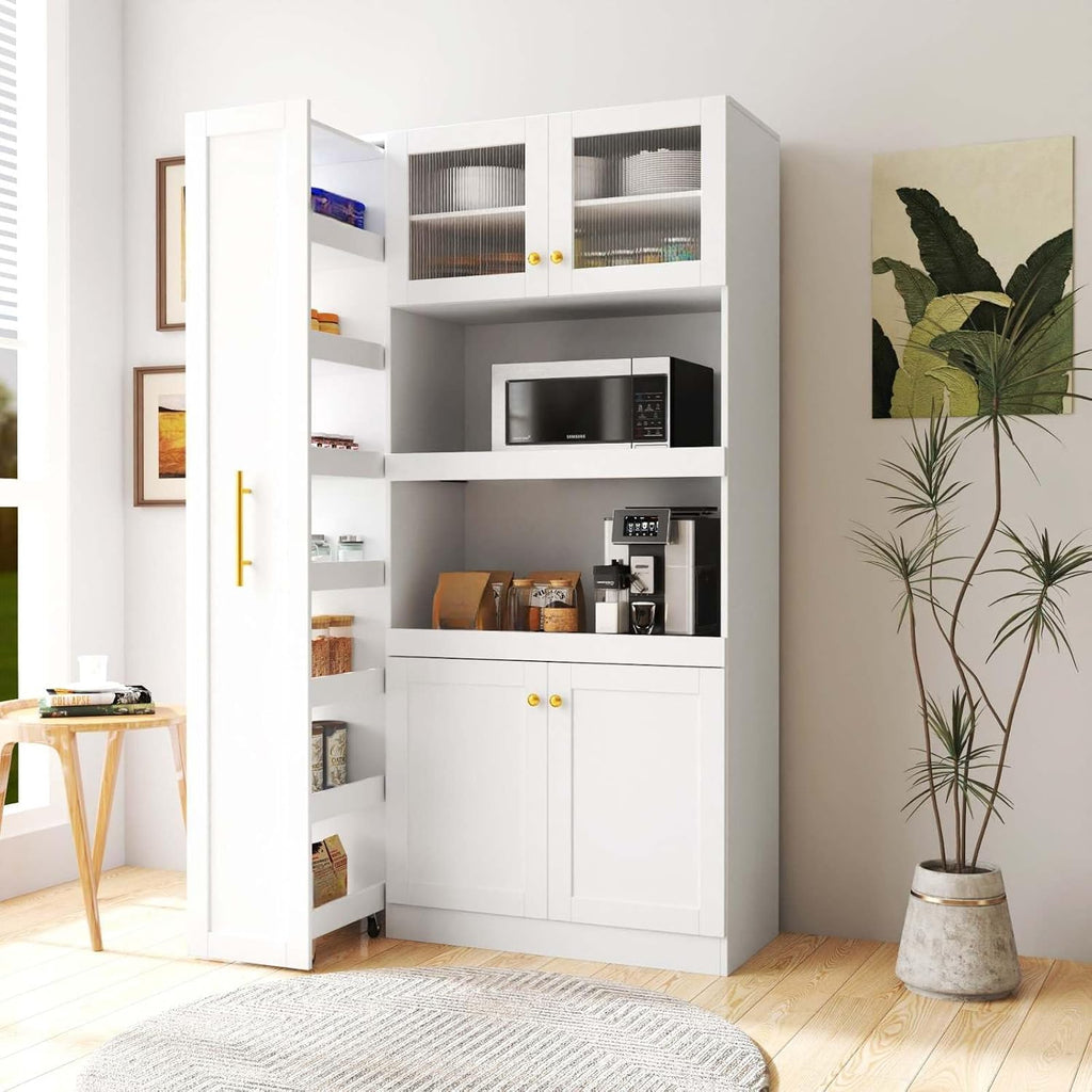 White Kitchen Pantry Cabinet with Pull-Out Multi-Tier Storage Shelf, Glass Doors, Multi-Purpose Modern Storage Cabinet for Kitchen, Dining Room, or Living Room, 70.87” H