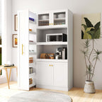 White Kitchen Pantry Cabinet with Pull-Out Multi-Tier Storage Shelf, Glass Doors, Multi-Purpose Modern Storage Cabinet for Kitchen, Dining Room, or Living Room, 70.87” H