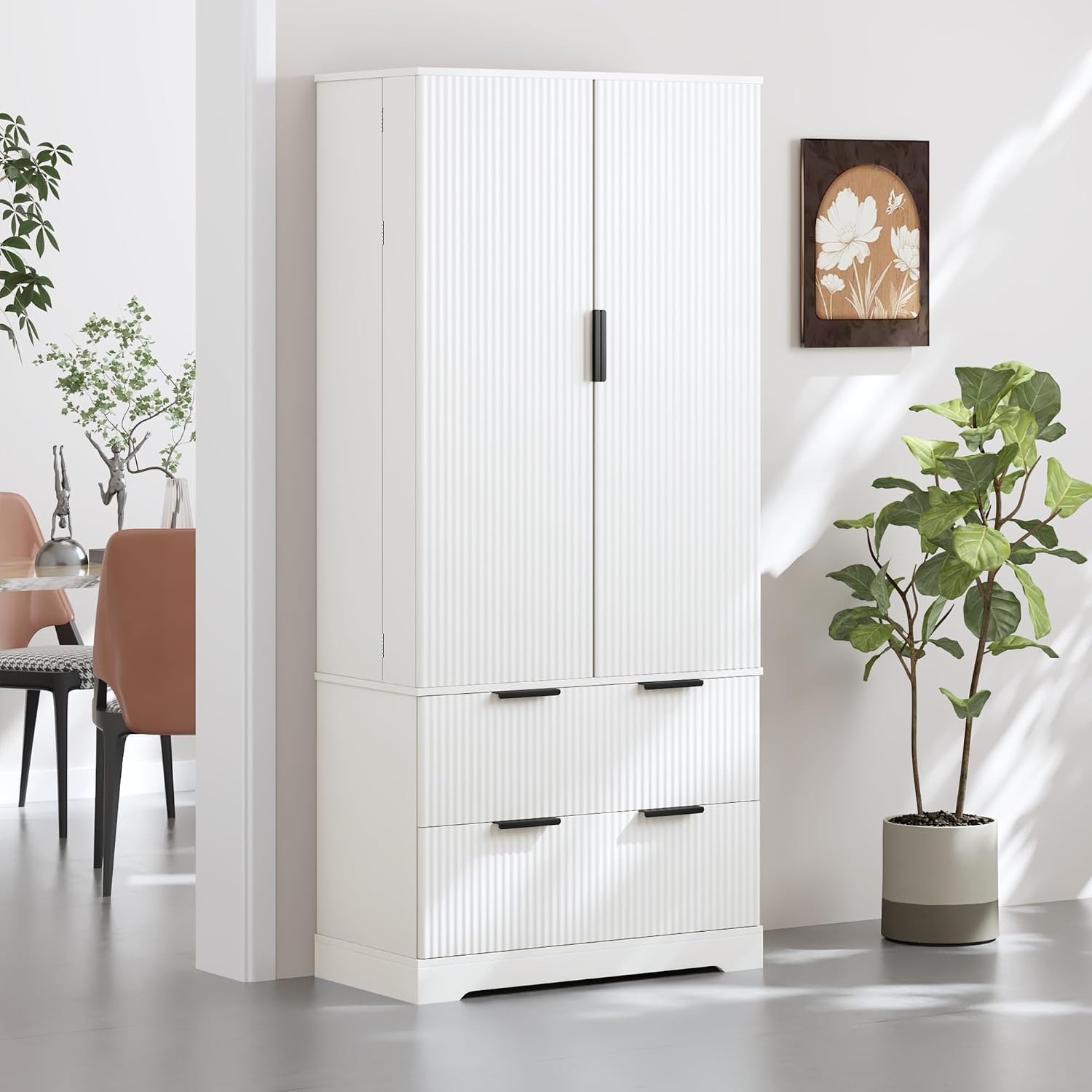 Fluted Kitchen Pantry Cabinet with Drawers,White Food Pantry Cabinet,Freestanding Kitchen Cupboard with 8-Door Spice Rack