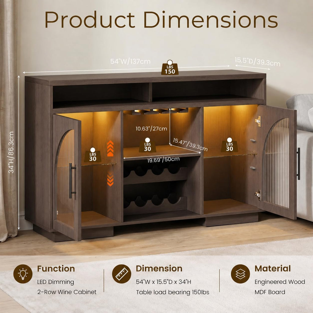 54" Coffee Bar Cabinet with Storage, LED Lights and Arched Glass Doors | Brown Wine Bar Cabinet w/ Wine Rack and Adjustable Shelves, Wood Grain Top for Kitchen, Home Bar, Dining Room, Living Room