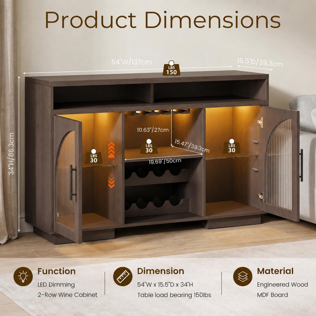 54" Coffee Bar Cabinet with Storage, LED Lights and Arched Glass Doors | Brown Wine Bar Cabinet w/ Wine Rack and Adjustable Shelves, Wood Grain Top for Kitchen, Home Bar, Dining Room, Living Room