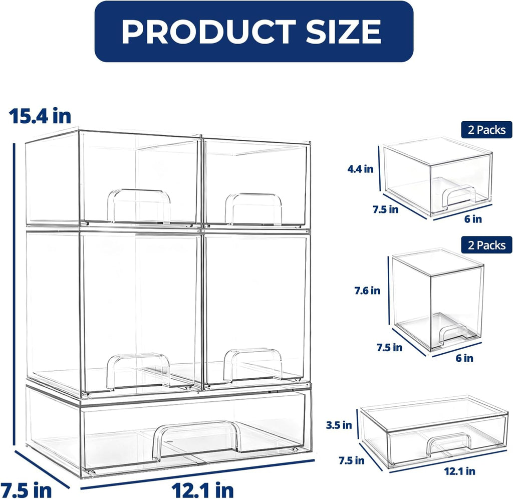 Baby Bottle Organizer Stackable, Acrylic Storage Drawers 5 pack with Non-Slip Pads, Pull-Out Drawers for Baby Bottle, Pump Parts, Pantry, Vanity Countertop (4.4" and 7.6" Tall and 12.1" Wide)