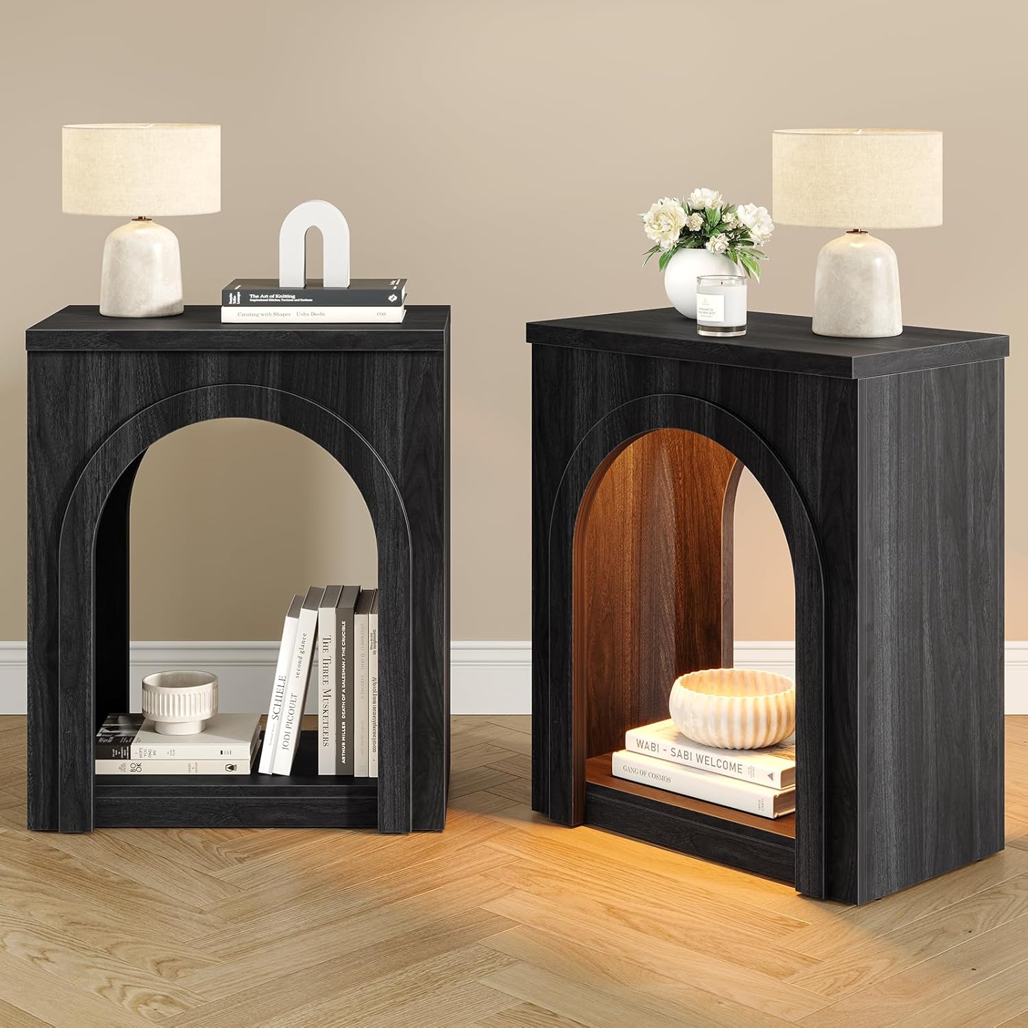 Sikaic Arched End Table Set of 2 with LED Lights, Modern NightStand with Arch Open Shelf, Sofa Side Table for Bedroom, Easy Assembly, Black