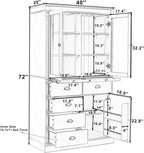 72" H Kitchen Pantry with Glass Doors, Wooden Freestanding Display Storage Cabinet with 5 Drawers and Serving Trays, Large Cupboard with Adjustable Shelves for Kitchen, Dining Room, White