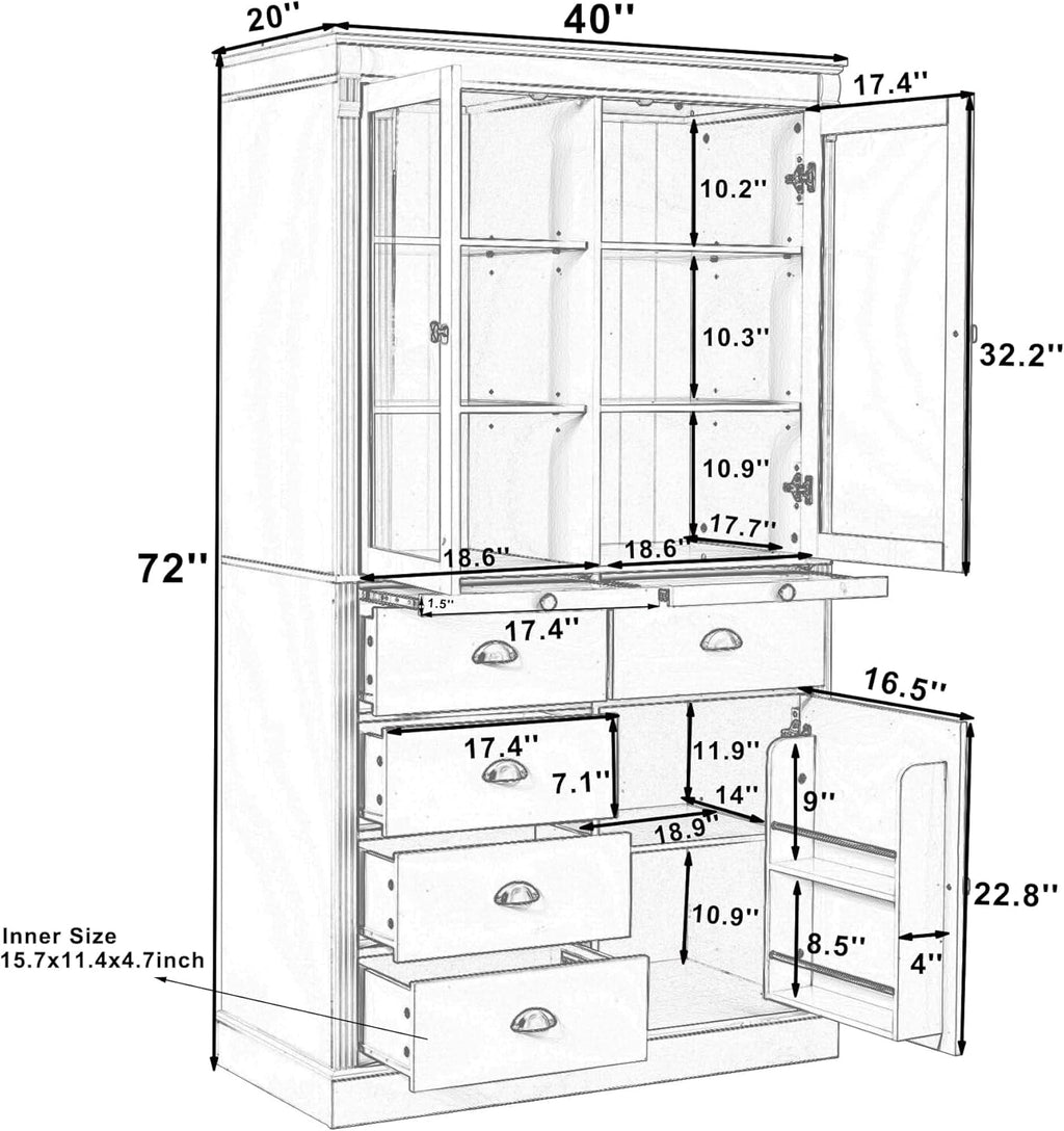 Vintage 72''H Kitchen Pantry,Widen Display Storage Pantry with Glass Doors, Coffee Bar with Serving Trays and Shelves,for Dining Living Room (Blue-VK)