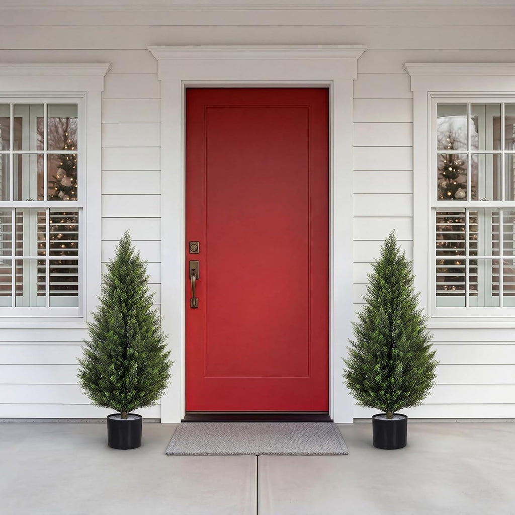 Artificial Cedar Trees 3FT Faux Cedar Topiary Evergreen Plants UV Resistant Outdoor Indoor Fake Cypress Pine Trees with Planter for Front Porch Entryway Patio Garden Home Decor Set of 2