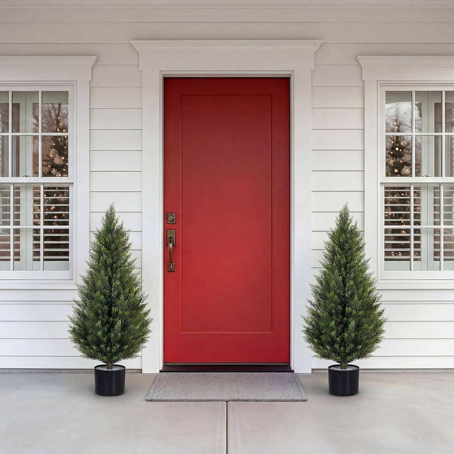 Artificial Cedar Trees 3FT Faux Cedar Topiary Evergreen Plants UV Resistant Outdoor Indoor Fake Cypress Pine Trees with Planter for Front Porch Entryway Patio Garden Home Decor Set of 2