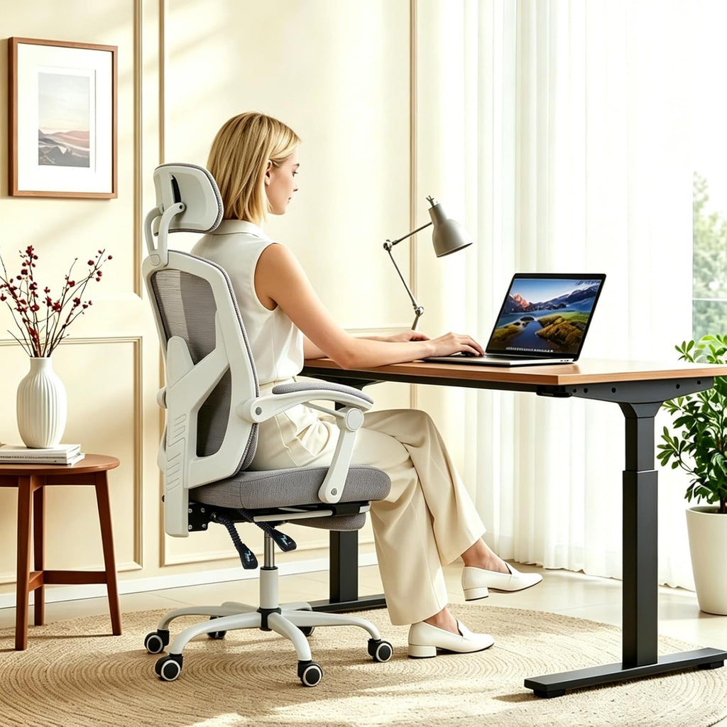 Ergonomic Office Chair with Footrest, High Back Home Desk Chair with Lumbar Support & Headrest, 90-135° Reclining Mesh Back Computer Chair with Wheels for Work, Gaming, Grey