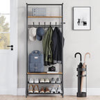 Coat Rack Shoe Bench with 5 Hooks, Entryway Hall Trees with Storage, Multifunctional Hallway Organizer, Wood Look Accent Furniture with Metal Frame, 4-in-1 Hall Trees Shoe Bench (1 Row-5 Hooks)