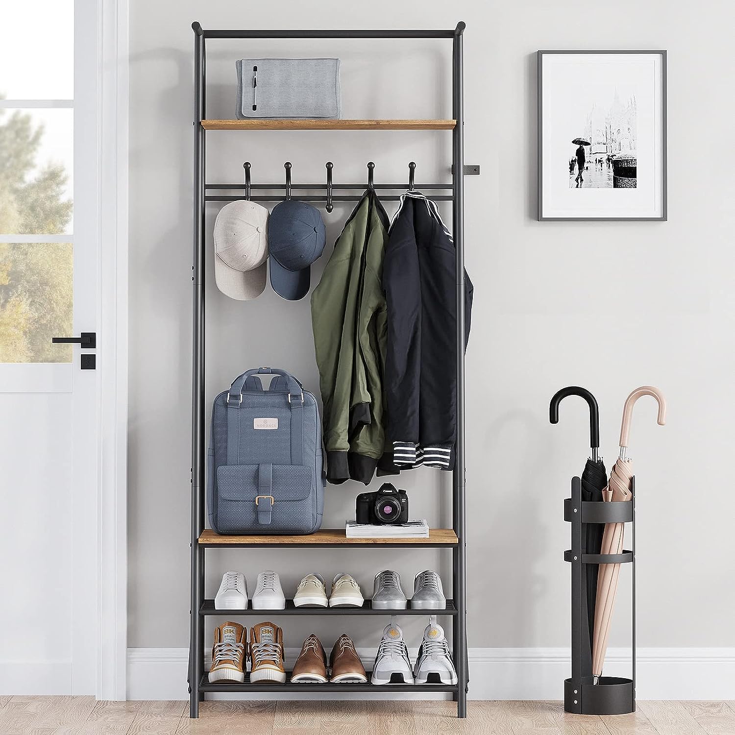 Coat Rack Shoe Bench with 5 Hooks, Entryway Hall Trees with Storage, Multifunctional Hallway Organizer, Wood Look Accent Furniture with Metal Frame, 4-in-1 Hall Trees Shoe Bench (1 Row-5 Hooks)