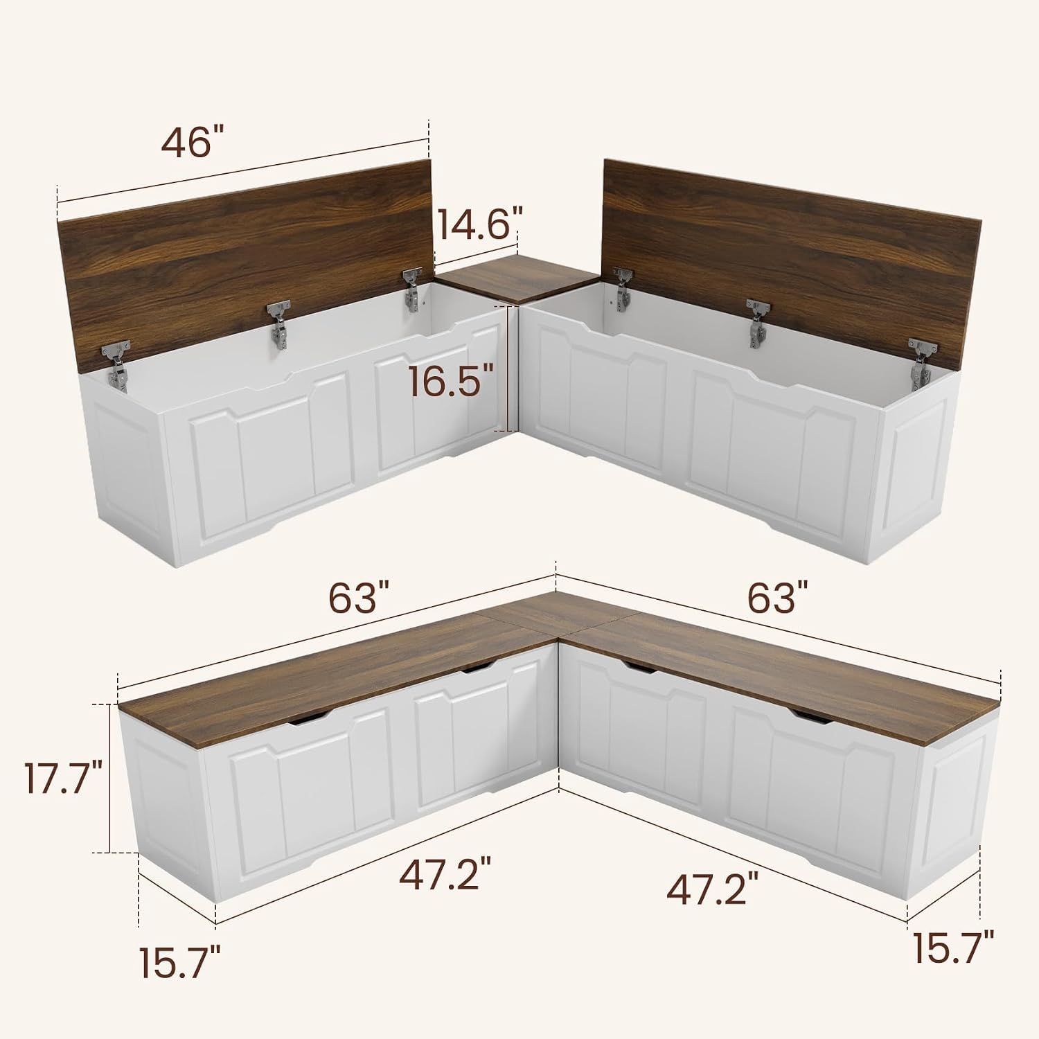 L-Shaped Kitchen Breakfast Nook Bench with Hidden Storage Space, White and Walnut Colors, Backless Wood Corner Bench with Cushion Seat, 63IN x 15.7IN x17.7IN(Two Packages Delivered)