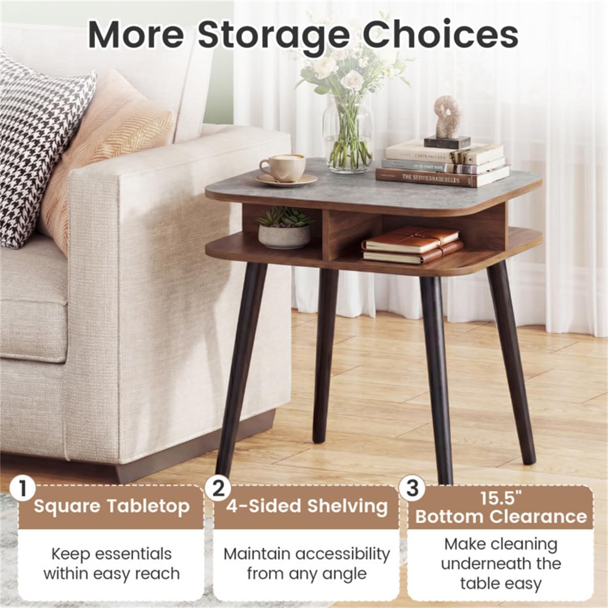 24" Square Faux Marble End Table with 4-Sided Storage Shelves | Nightstand with Rubber Wood Legs for Living Room, Bedroom | Heavy-Duty Side Table for Small Spaces