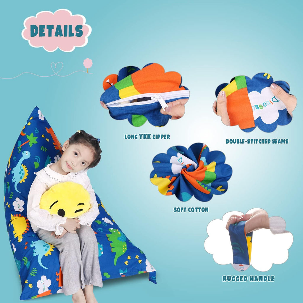LOLOMLO Stuffed Animal Storage Bean Bag Chair Cover, Cotton Blue Dinosaur Plush Toy Storage Stuff and Sit Seat for Kids/Teens/Adults, 52" x 31" Extra Large Triangle Floor Sofa, 200L/52Gal, Cover Only
