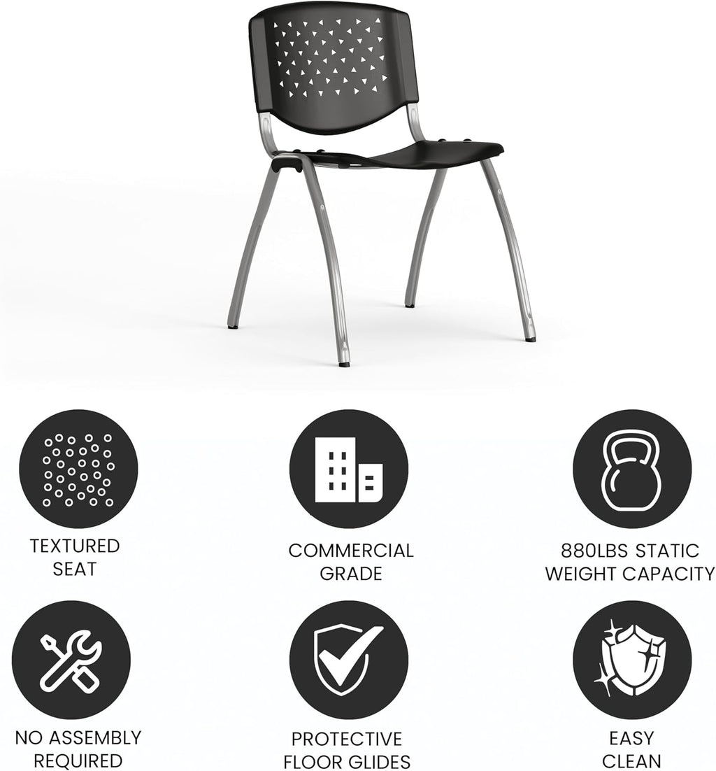 EMMA + OLIVER Home and Office Black Plastic Stack Chair with Perforated Back - Guest Chair