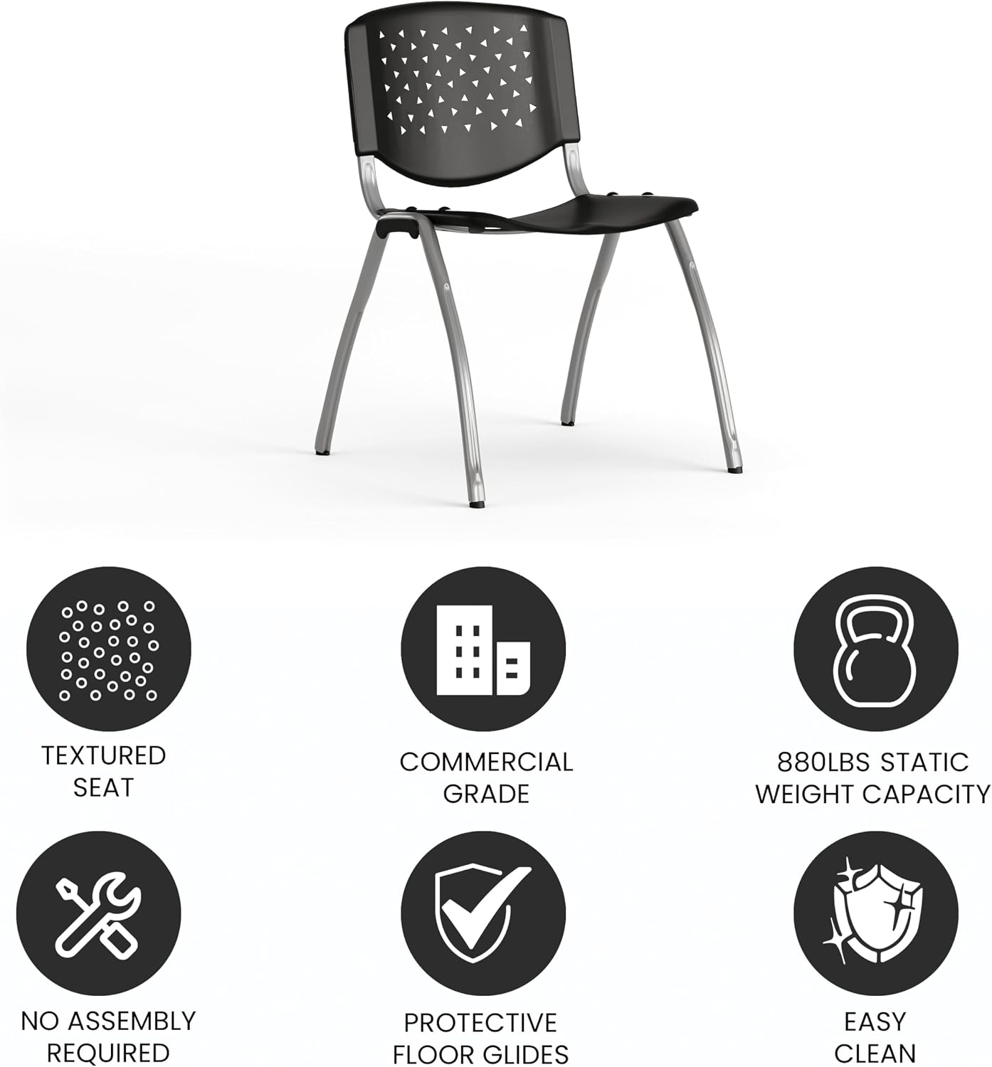 EMMA + OLIVER Home and Office Black Plastic Stack Chair with Perforated Back - Guest Chair