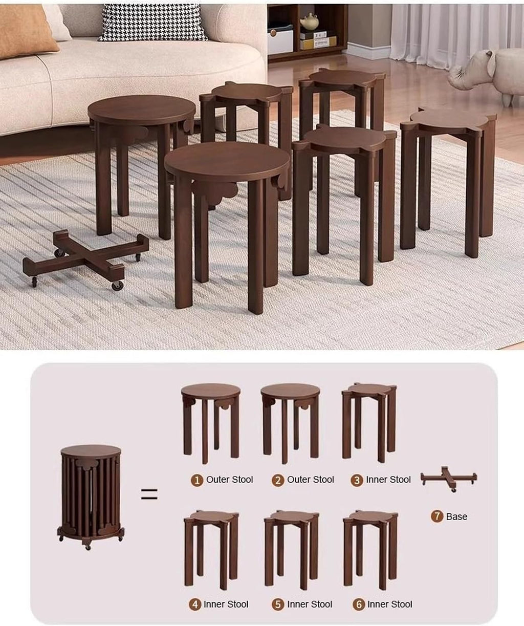 Stackable Stools Set of 6, Round Wooden Nesting Stools with Locking Casters, 360°Swivel Versatile Side Table for Living Room, Office, Classroom(Cherry)